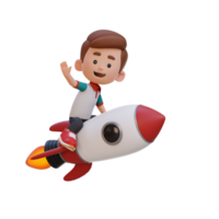 3D kid character riding a rocket and waving hand png