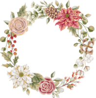 Flower Wreath with flowers Christmas, Christmas Flower Frame background with poinsettia and rose gold png