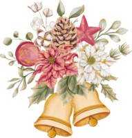 fleur arrangement avec fleurs Noël et cloche, Noël fleur Cadre Contexte avec poinsettia et Rose or png