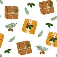 Navidad regalos cajas sin costura modelo. fiesta presente decorado con baya rama, etiqueta, envuelto en eco reciclado artesanía. vector diseño para invierno rebaja fondo, envase papel, tarjetas, textil