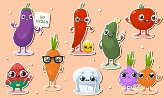 Vector illustration of veggie character stickers with various cute expression, cool, funny, set of veggie isolated