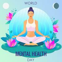 World mental health day illustration. Woman meditating with eyes closed. Against the background of lotuses and a light aura. Vector illustration