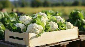 cauliflower in a wooden crate on a table AI Generative photo