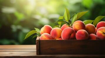 fresh peaches in a wooden box on a table AI Generative photo