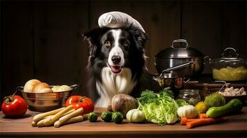 un negro y blanco perro vistiendo un del chef sombrero rodeado por vegetales ai generado foto