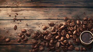 a pile of coffee beans sitting on top of a wooden table AI Generated photo