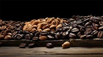 a pile of coffee beans sitting on top of a wooden table AI Generated photo