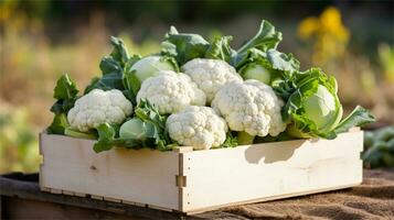 cauliflower in a wooden crate on a table AI Generative photo