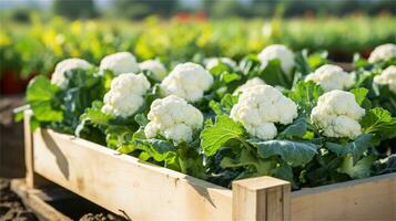 cauliflower in a wooden crate on a table AI Generative photo