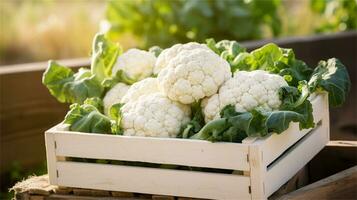 cauliflower in a wooden crate on a table AI Generative photo