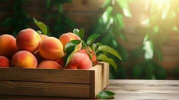 fresh peaches in a wooden box on a table AI Generative photo