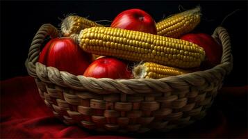 a basket filled with corn and tomatoes AI Generated photo