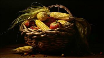 a basket filled with corn and tomatoes AI Generated photo