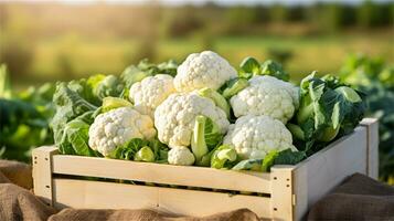 cauliflower in a wooden crate on a table AI Generative photo