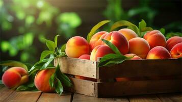 fresh peaches in a wooden box on a table AI Generative photo