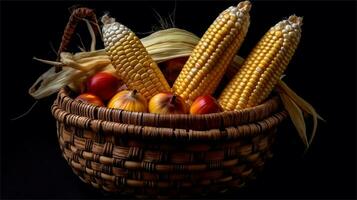 a basket filled with corn and tomatoes AI Generated photo