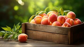 fresh peaches in a wooden box on a table AI Generative photo