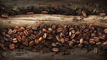 a pile of coffee beans sitting on top of a wooden table AI Generated photo