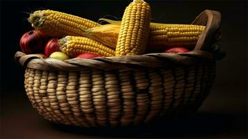 a basket filled with corn and tomatoes AI Generated photo