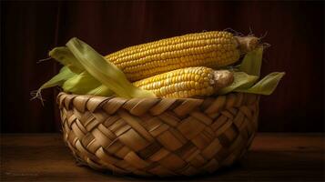 a basket filled with corn and tomatoes AI Generated photo
