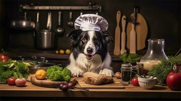 a black and white dog wearing a chef's hat surrounded by vegetables AI Generated photo