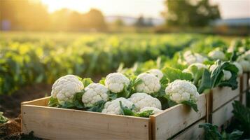 cauliflower in a wooden crate on a table AI Generative photo