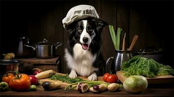 a black and white dog wearing a chef's hat surrounded by vegetables AI Generated photo