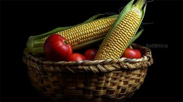 a basket filled with corn and tomatoes AI Generated photo