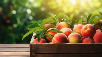 fresh peaches in a wooden box on a table AI Generative photo