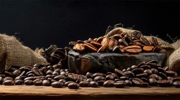 a pile of coffee beans sitting on top of a wooden table AI Generated photo
