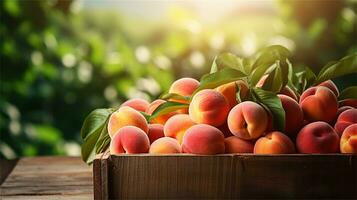 fresh peaches in a wooden box on a table AI Generative photo