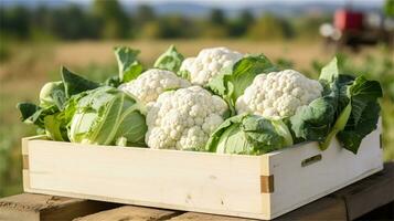 cauliflower in a wooden crate on a table AI Generative photo