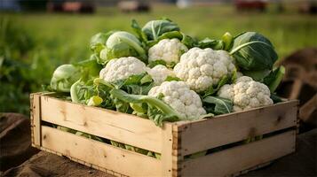 cauliflower in a wooden crate on a table AI Generative photo