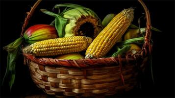 a basket filled with corn and tomatoes AI Generated photo