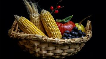 a basket filled with corn and tomatoes AI Generated photo