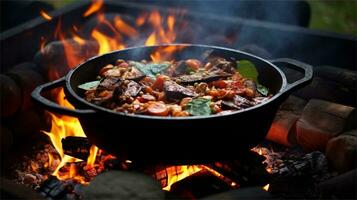 a large pot of food cooking over a fire AI Generated photo