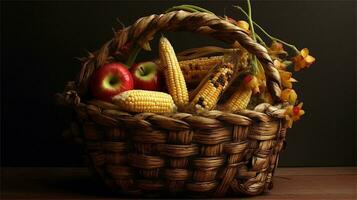 un cesta lleno con maíz y Tomates ai generado foto