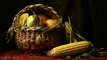 a basket filled with corn and tomatoes AI Generated photo