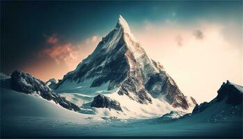 a snowy mountain landscape with a river and rocks AI Generative photo