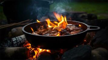 a large pot of food cooking over a fire AI Generated photo