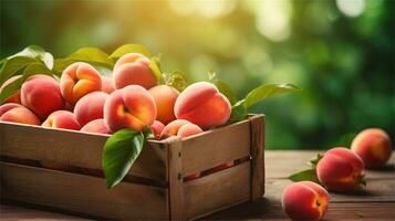 fresh peaches in a wooden box on a table AI Generative photo