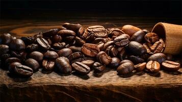 a pile of coffee beans sitting on top of a wooden table AI Generated photo