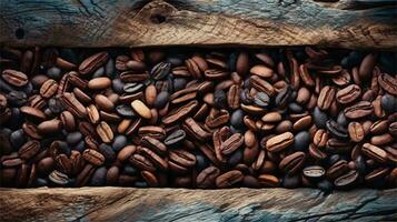 a pile of coffee beans sitting on top of a wooden table AI Generated photo