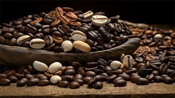 a pile of coffee beans sitting on top of a wooden table AI Generated photo