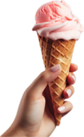 AI generated female hand holding strawberry ice cream cone png