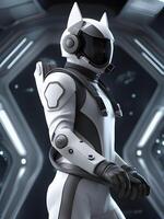 AI generated futuristic sci fi robot in neon red suit photo