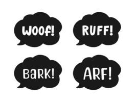 Dog bark animal sound effect text in a speech bubble balloon silhouette clipart set. Cute cartoon onomatopoeia comics and lettering. vector