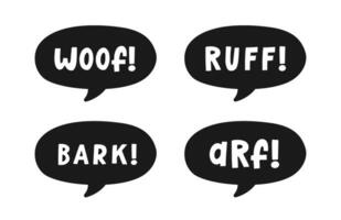 Dog bark animal sound effect text in a speech bubble balloon silhouette clipart set. Cute cartoon onomatopoeia comics and lettering. vector