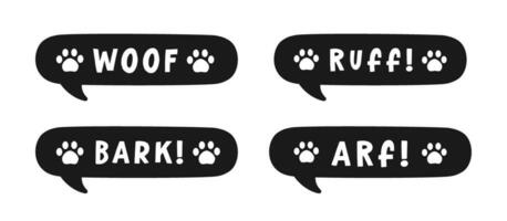 Dog bark animal sound effect text in a speech bubble balloon silhouette clipart set. Cute cartoon onomatopoeia comics and lettering. vector