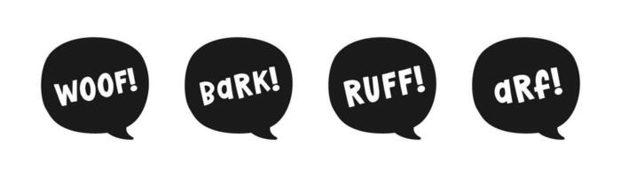 Dog bark animal sound effect text in a speech bubble balloon silhouette clipart set. Cute cartoon onomatopoeia comics and lettering. vector
